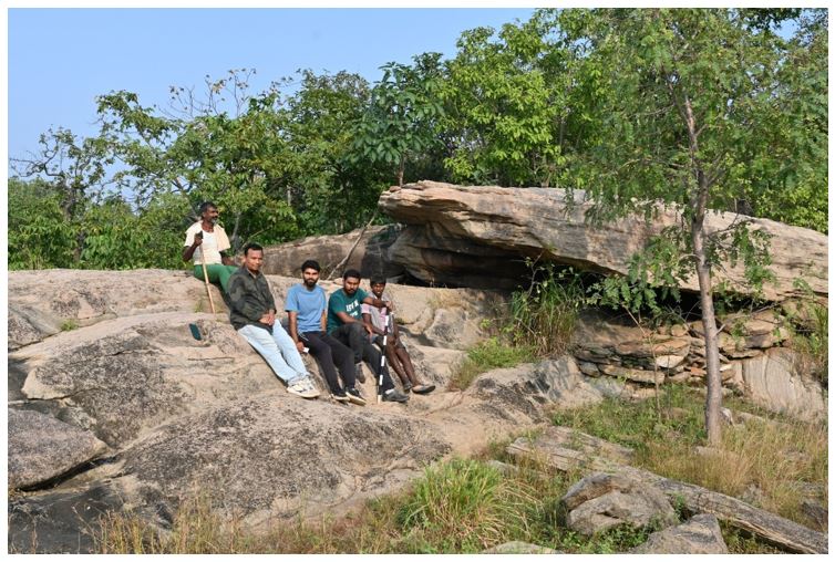 Author with field companions in front of the Kodarkatwa Rock Shelter, Khaira block, Jamui district, Bihar, India