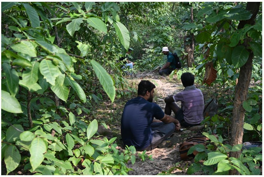 Team taking rest after exhaustive exploration in the forested rough terrain of Jamui and Nawada district, Bihar, India